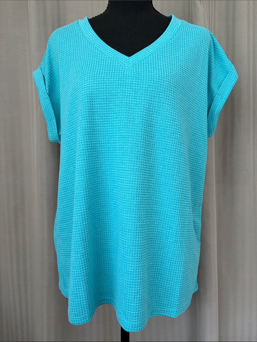 ANDREE BY UNIT Turquoise V‑Neck Waffle Knit Tunic